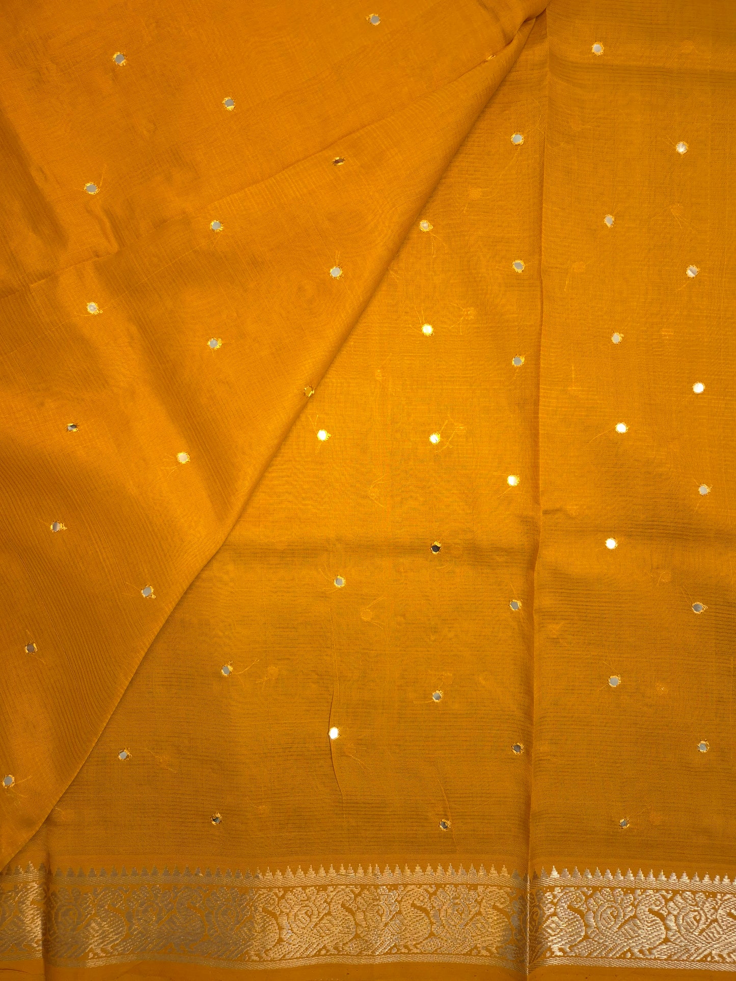 Mustard Yellow Mangalgiri Pattu Saree with Mirror work