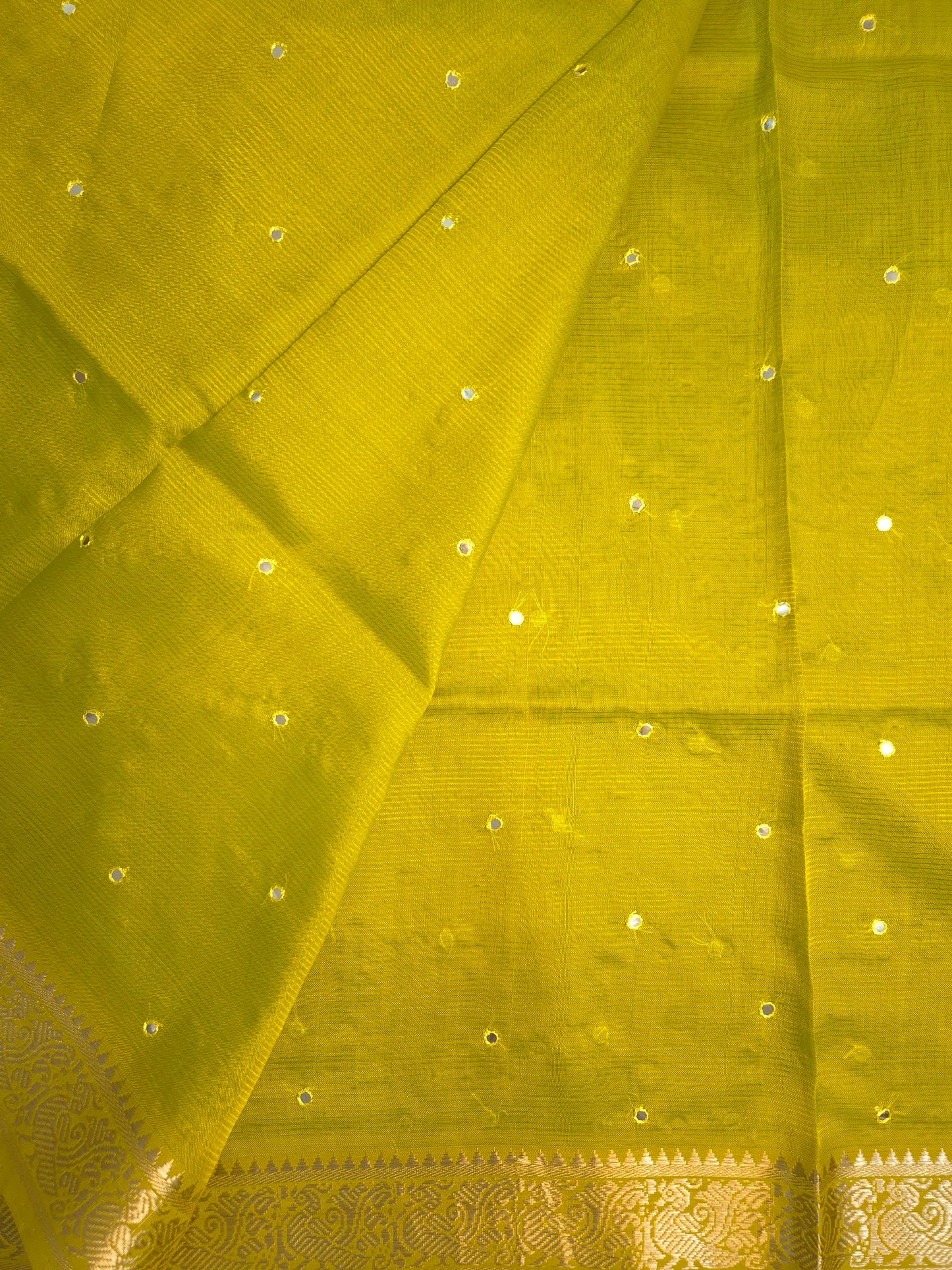 Greenish Yellow Mangalgiri Pattu Saree with Mirror work
