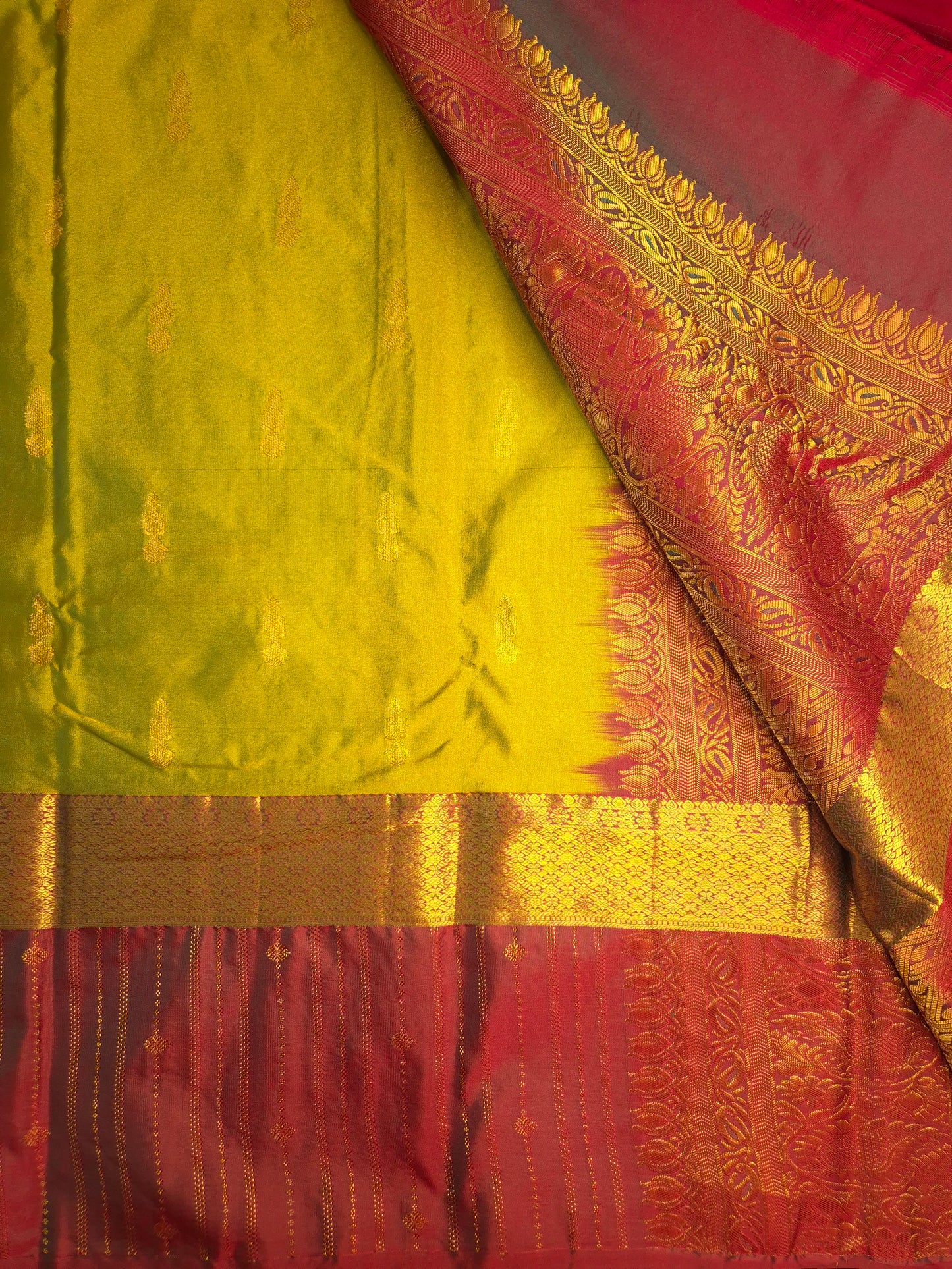 Mustard Yellowish Green Kanchipuram Silk Saree with Dark Red Border and Golden Zari