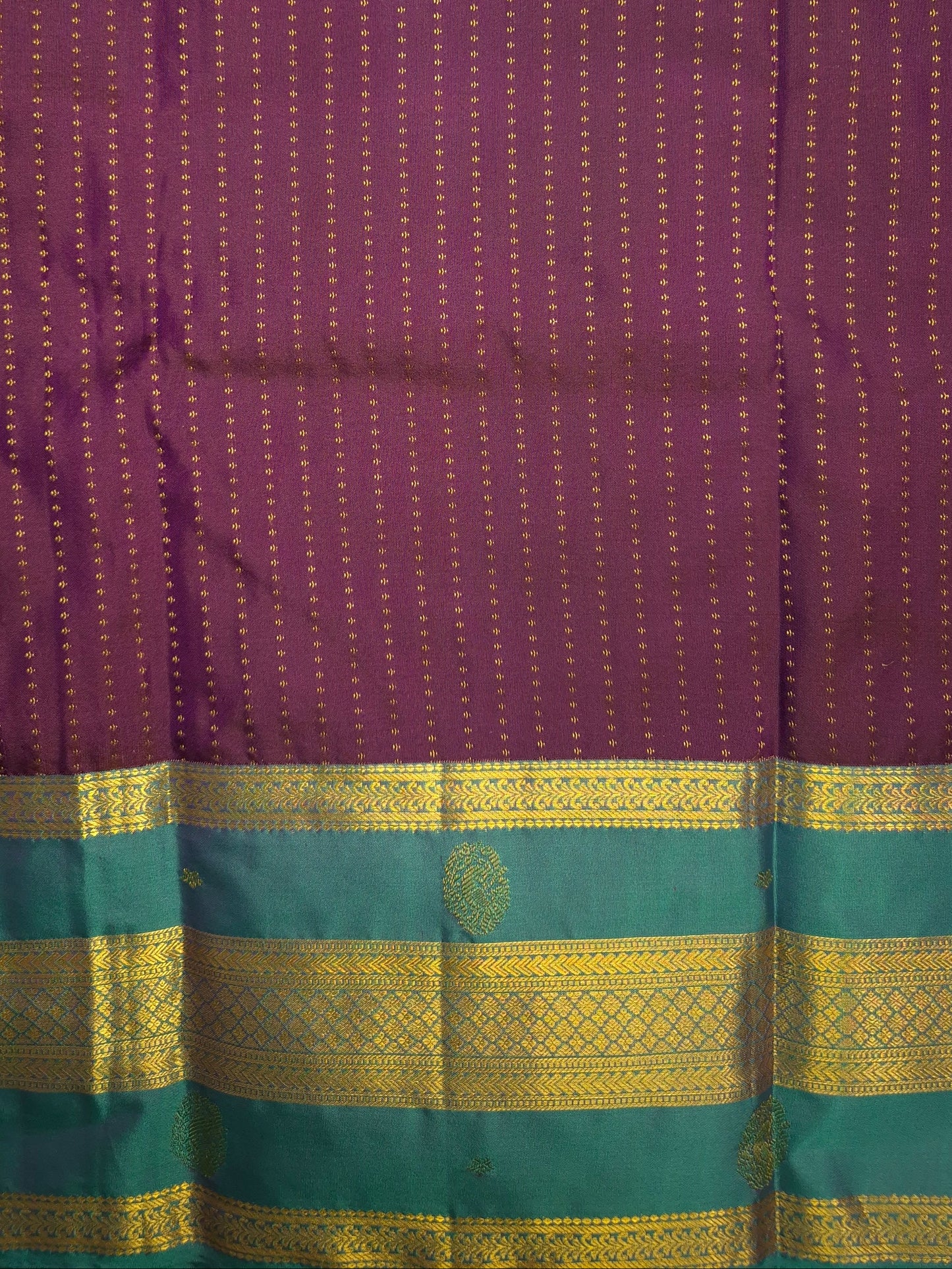 Purple Kanchipuram Silk Saree with Teal Border and Golden Zari