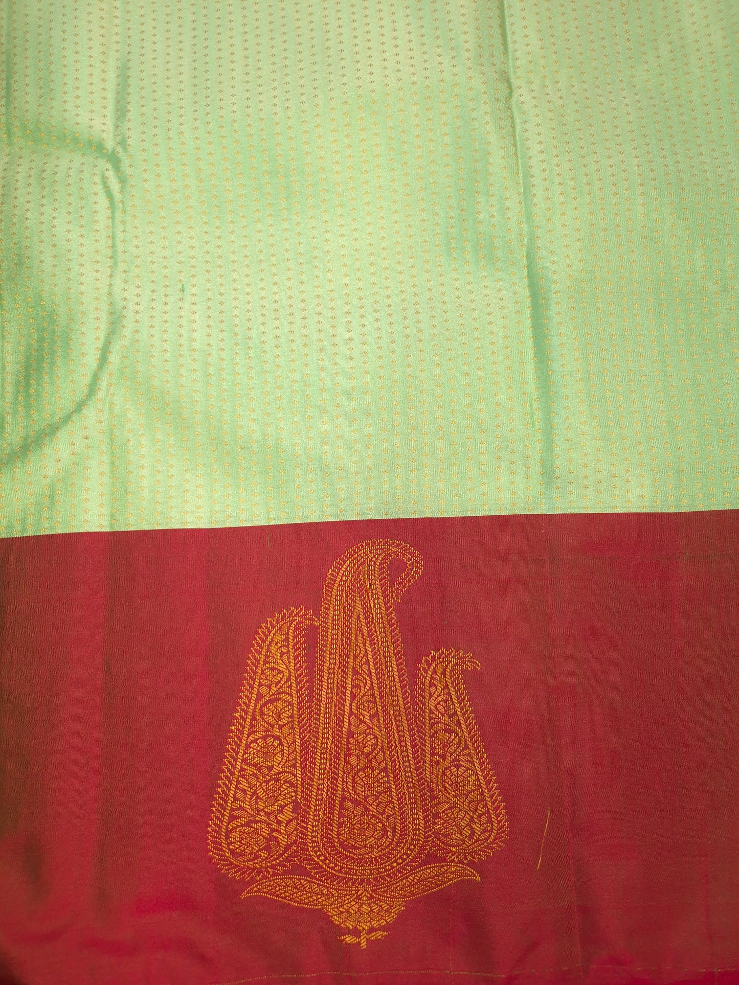 Light Mint Green Kanchipuram Silk Saree with Red Border and Golden Zari