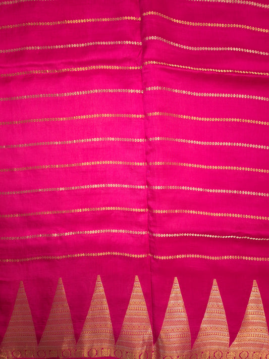 Rani Pink Mona Silk Saree with Golden and Silver Zari with contrast Purple Blouse