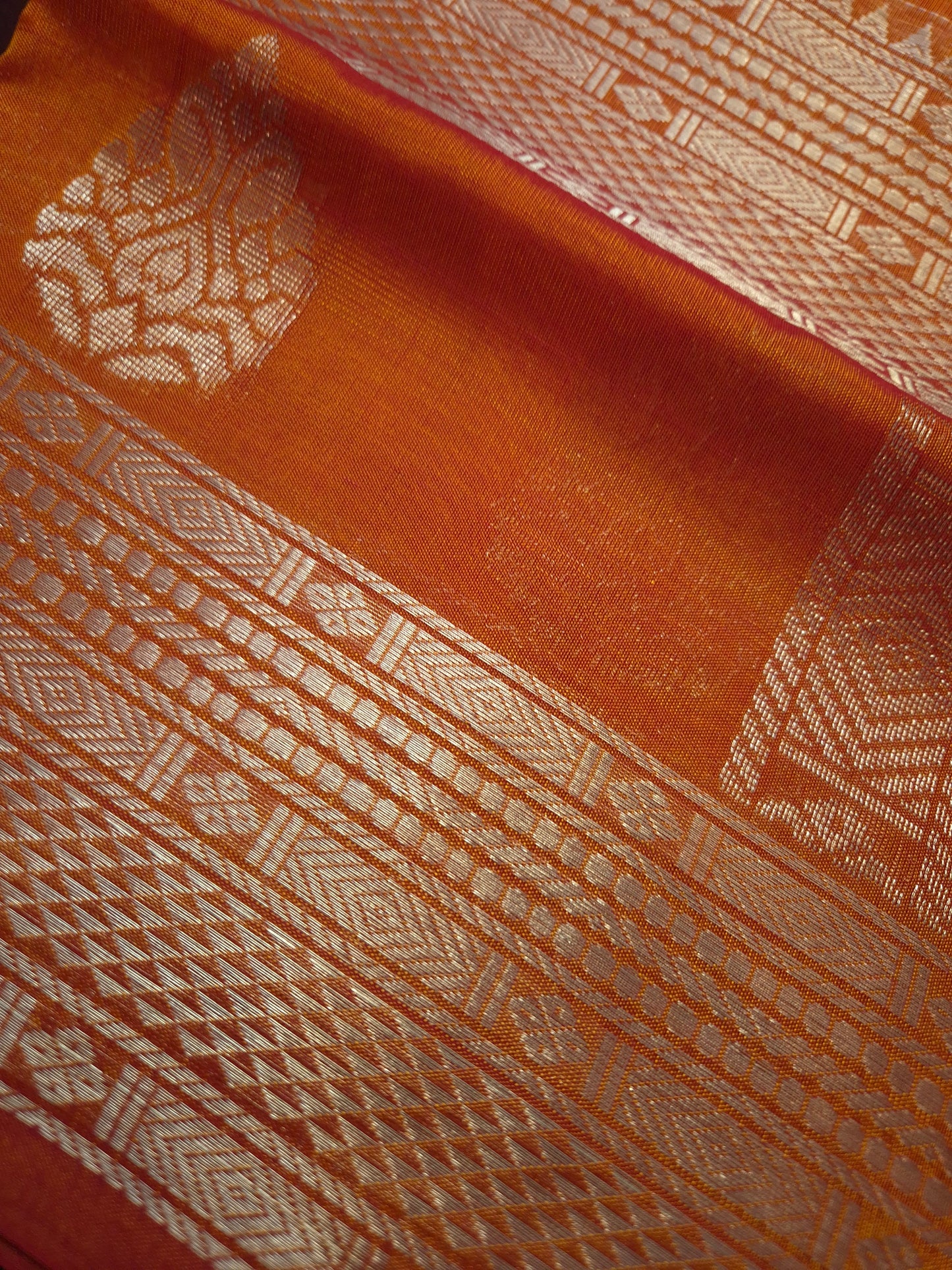 Orange Mangalgiri Pattu Silk Saree with Silver Zari