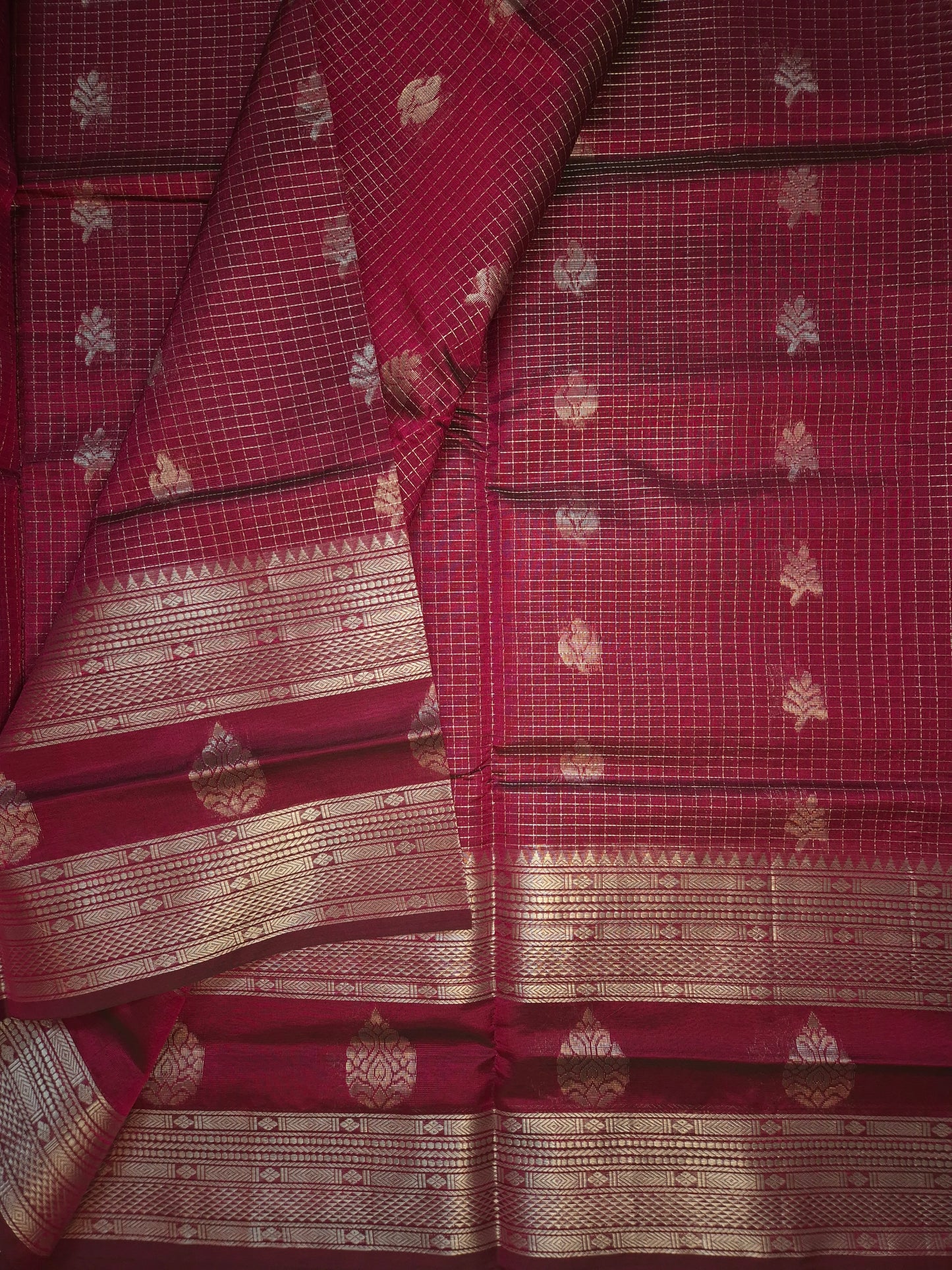 Burgundy Mangalgiri Pattu Silk Saree with Silver Zari