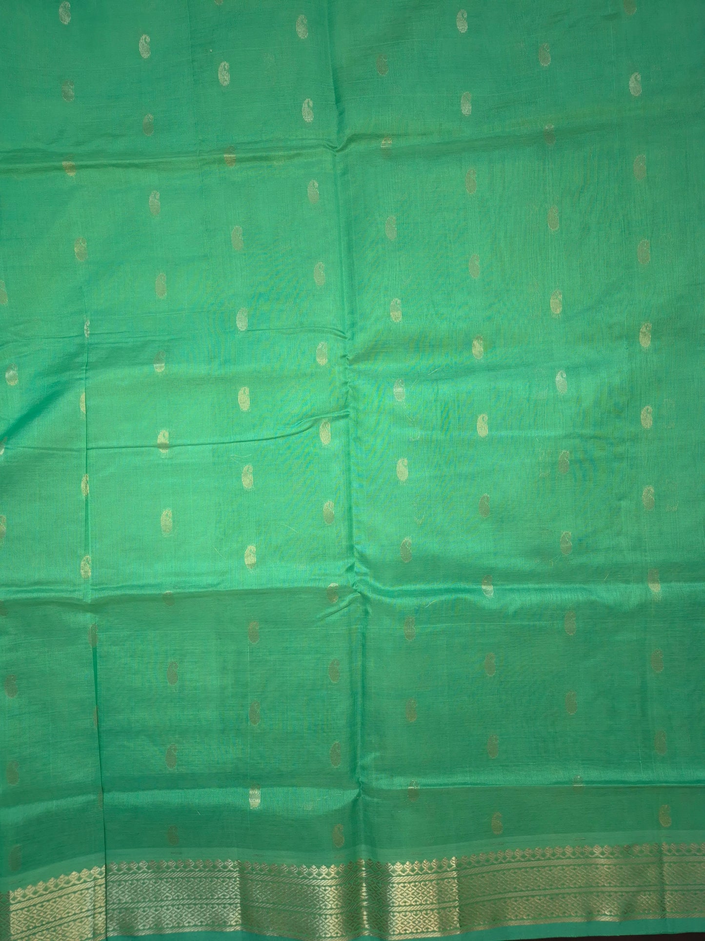 Turquoise Mangalgiri Kollam Pattu Silk Saree with all-over Silver Buttas