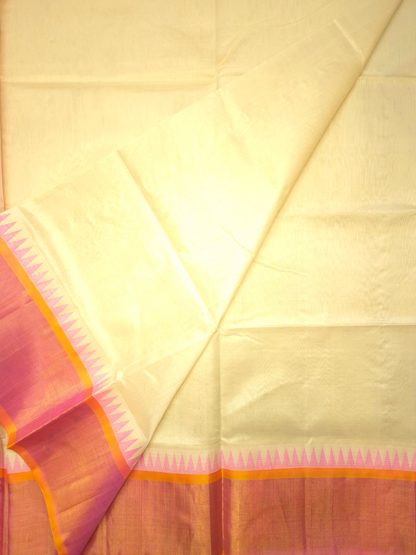 Off White Silk Cotton Saree with Light Pink Border