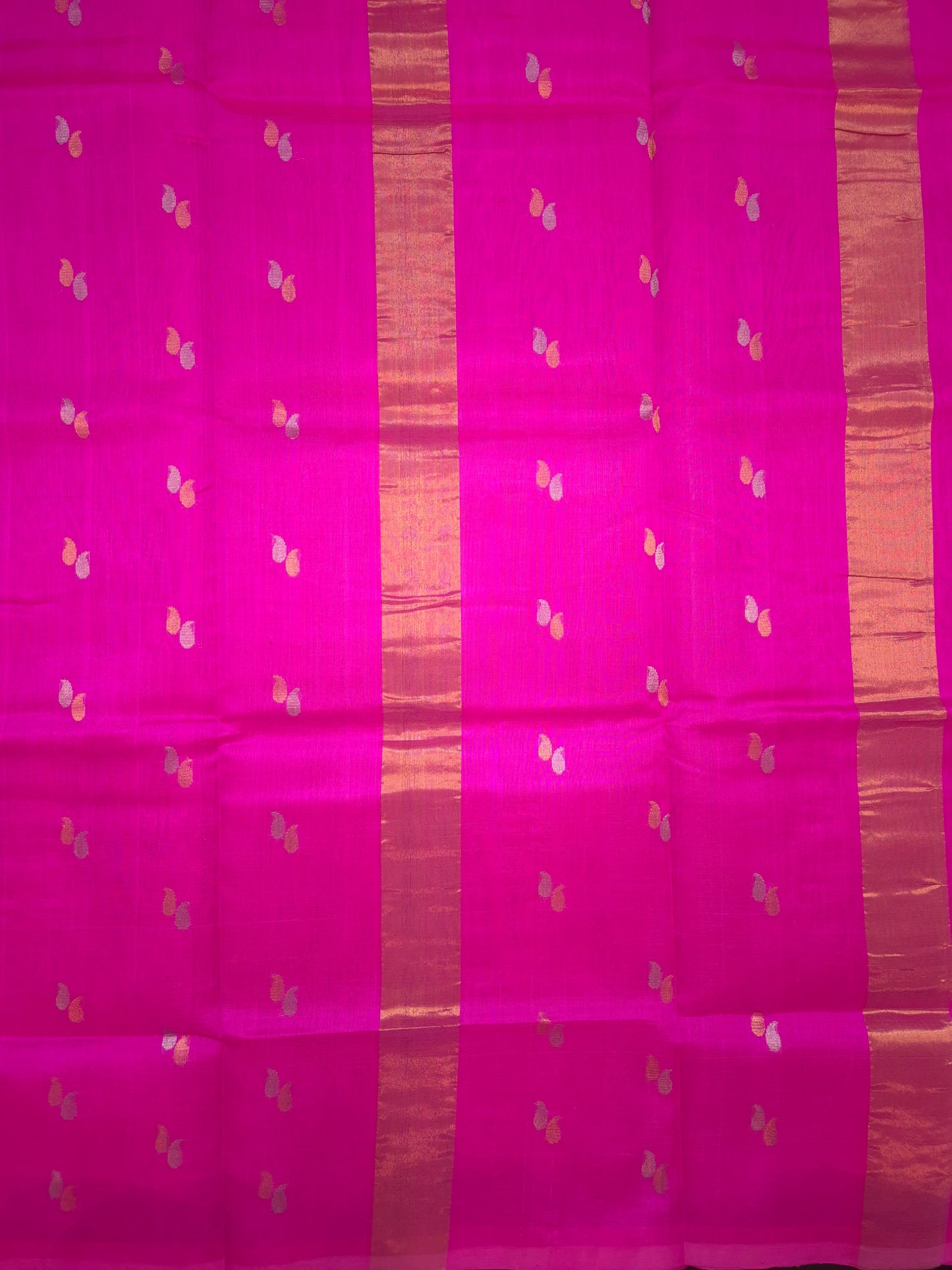 Pink Sico Silk Saree with Golden and Silver all-over Buttas