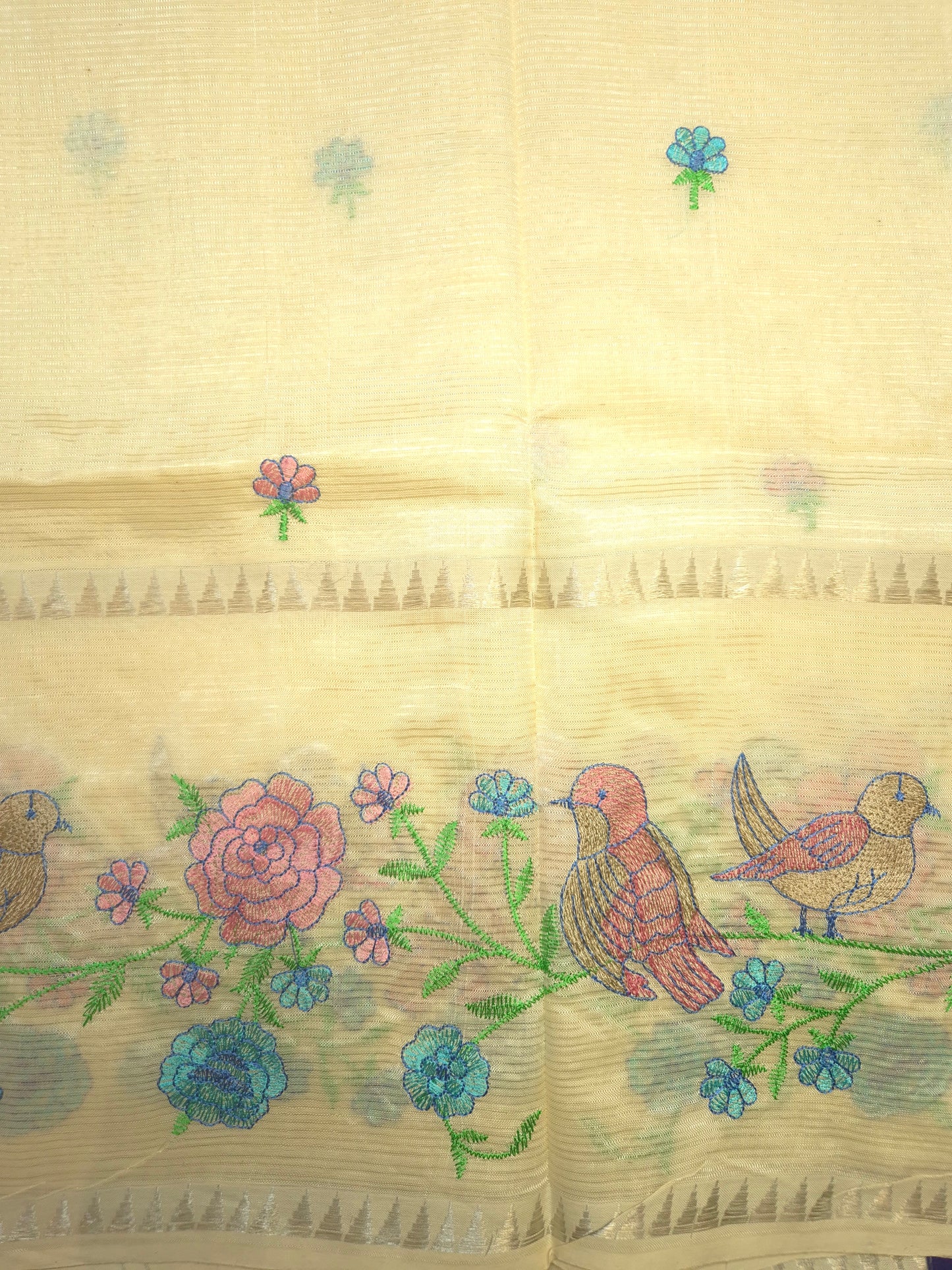 Off-White Mangalgiri Pattu Saree with Bird Embroidery