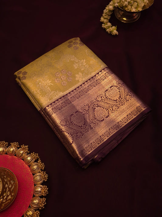 Floral Silver Zari Light Mehendi Colour Semi Silk Saree with Dark Purple Wine Broad Golden Zari Border