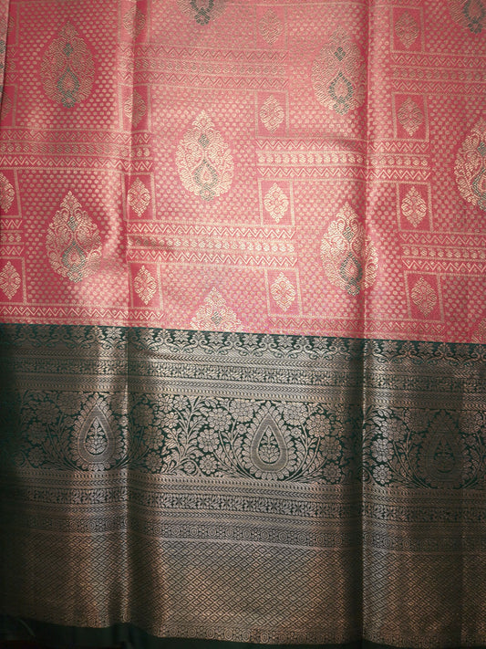 Reddish Pink Colour with Overall Intricate Silver Zari Semi Silk Saree with Bottle Green Broad Silver Zari Border