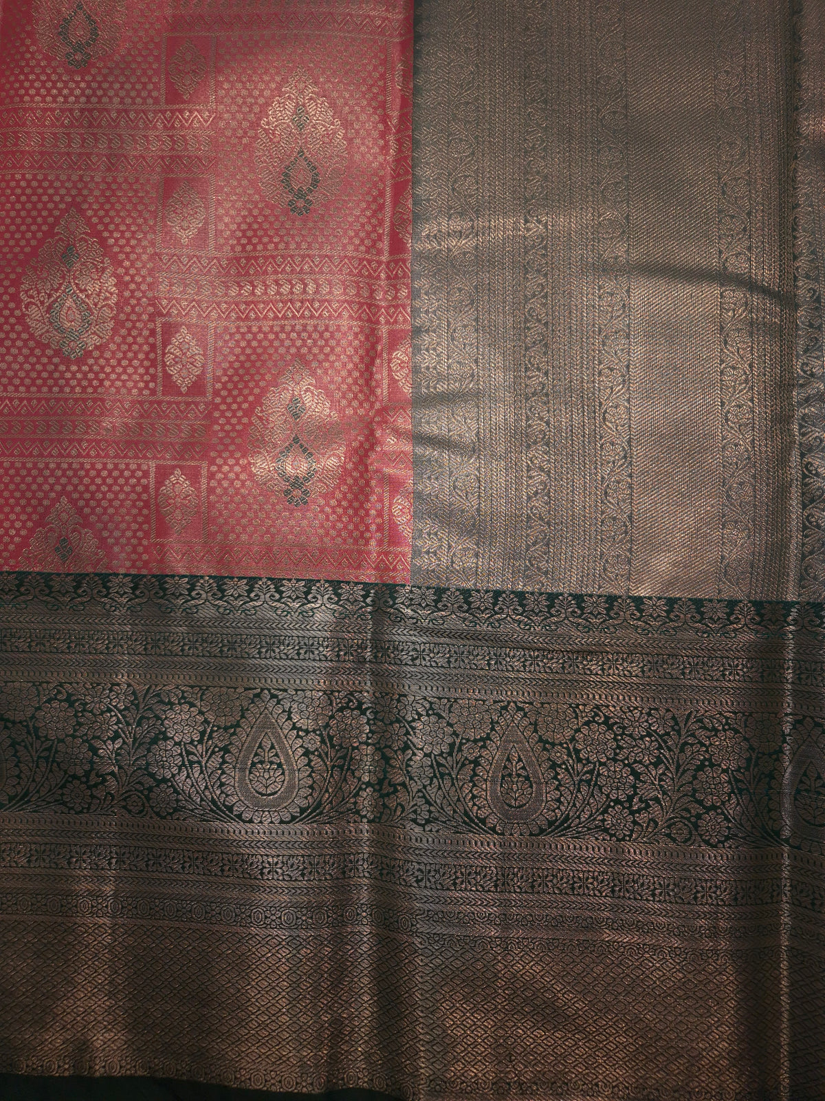 Reddish Pink Colour with Overall Intricate Silver Zari Semi Silk Saree with Bottle Green Broad Silver Zari Border
