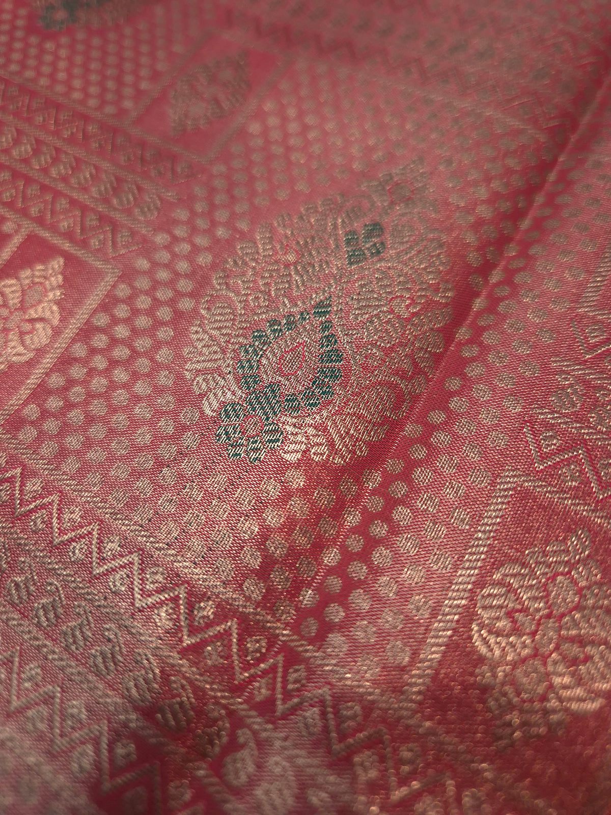 Reddish Pink Colour with Overall Intricate Silver Zari Semi Silk Saree with Bottle Green Broad Silver Zari Border