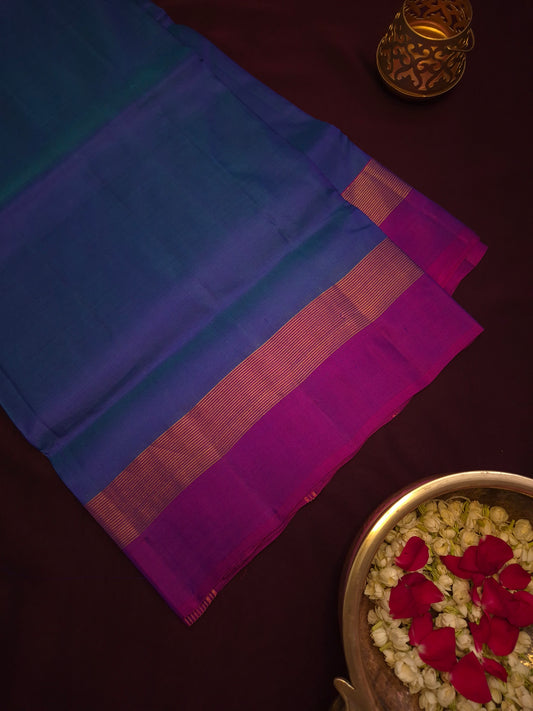 Dual Shade of Dark Blue and Purple Soft Silk Saree with Magenta Pink Simple Golden Zari Border