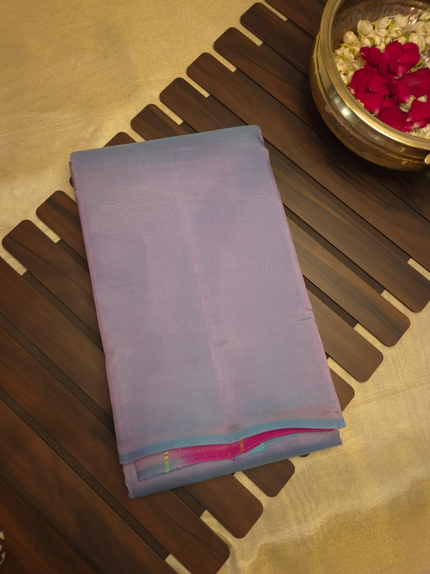 Dual Shade of Lilac and Sky-blue Plain Borderless Soft Silk Saree with contrast Pink color Pallu