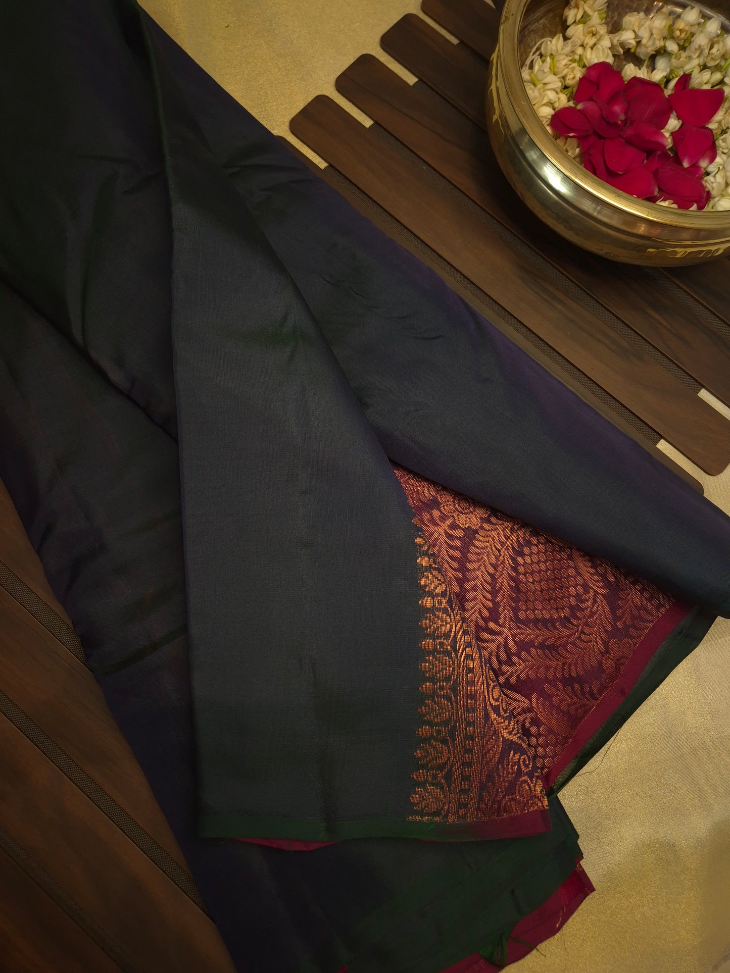 Dual Shade of Navy Blue and Bottle Green Plain Borderless Soft Silk Saree with contrast Maroon Pallu