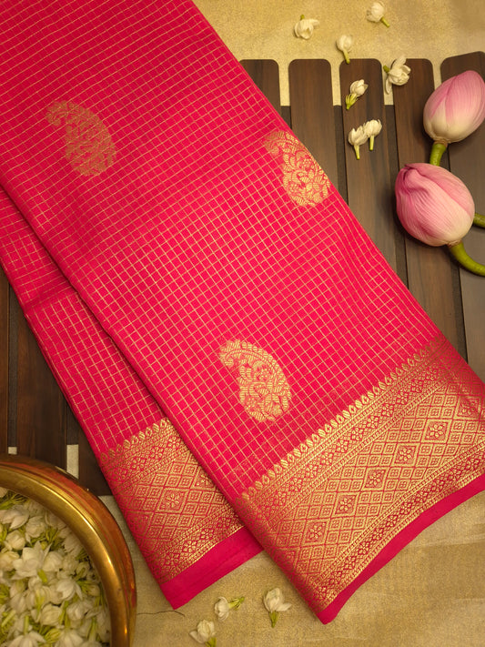 Tomato Red Checkered Mysore Silk Saree with Golden Zari and Buttas