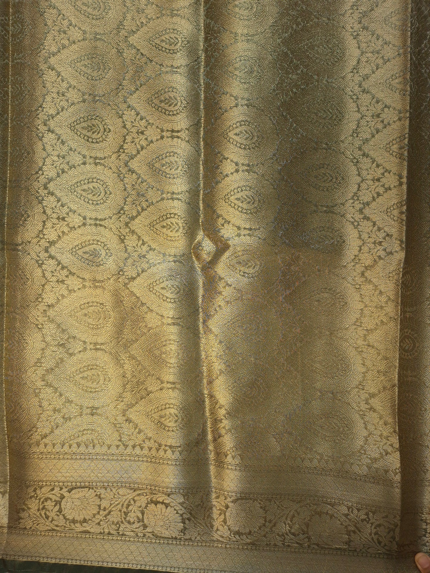 Banarasi Metallic Golden Mehendi Green Saree with Simple Elegant Border