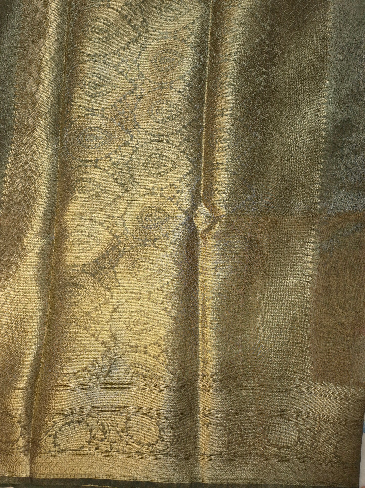Banarasi Metallic Golden Mehendi Green Saree with Simple Elegant Border