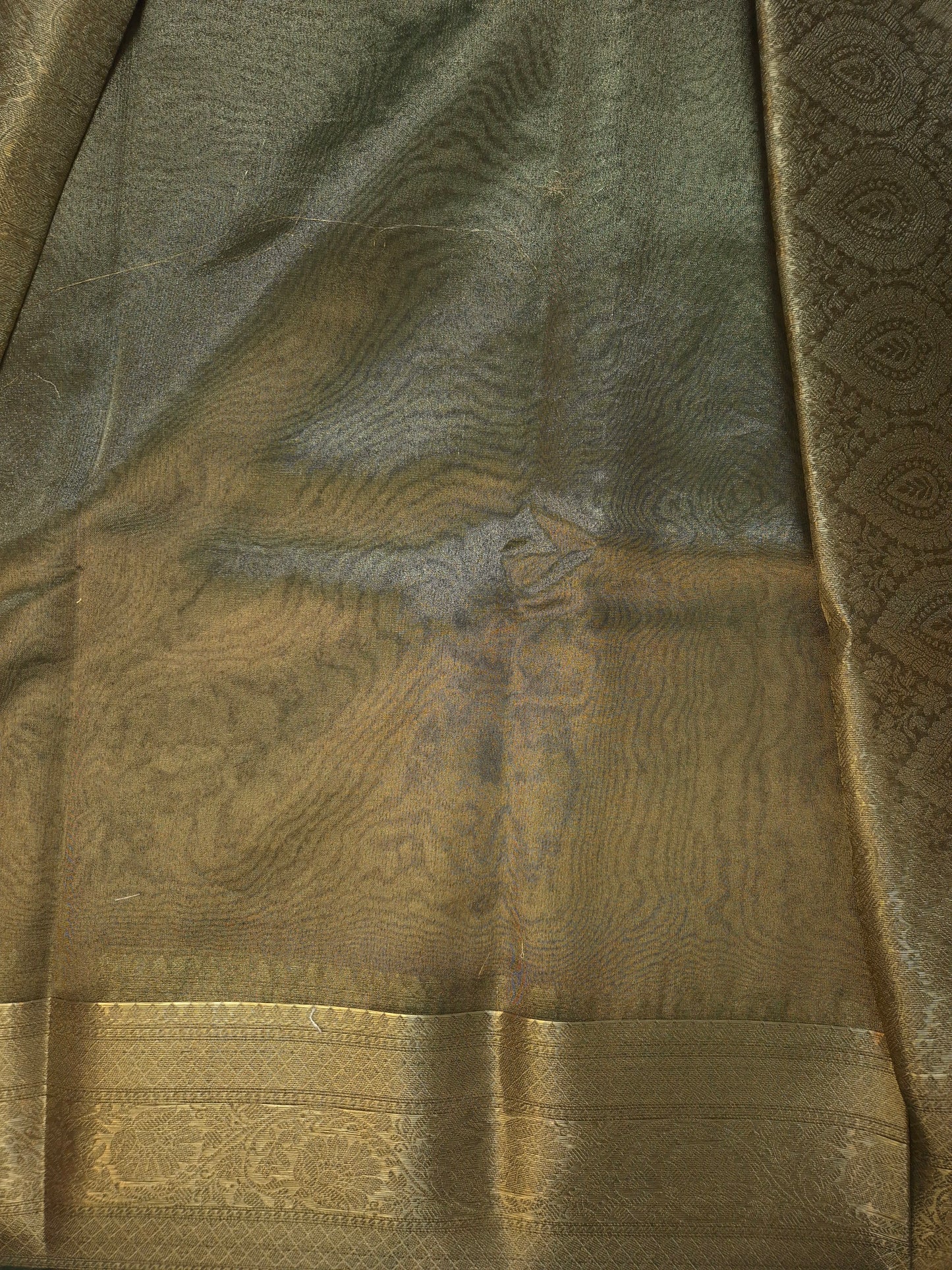 Banarasi Metallic Golden Mehendi Green Saree with Simple Elegant Border