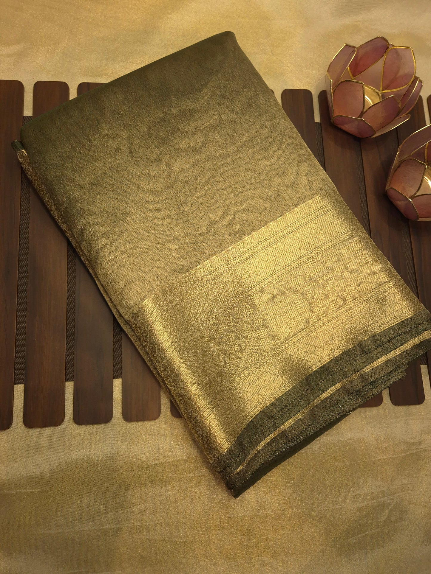Banarasi Metallic Golden Mehendi Green Saree with Simple Elegant Border