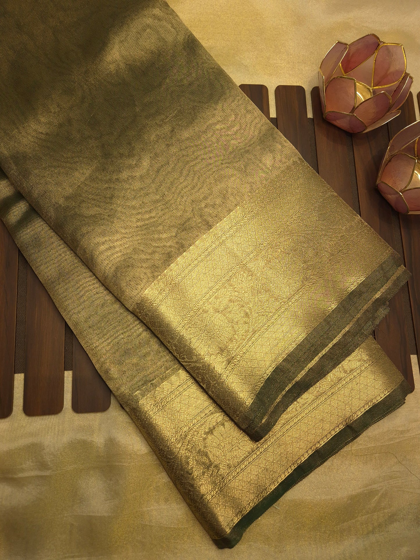 Banarasi Metallic Golden Mehendi Green Saree with Simple Elegant Border