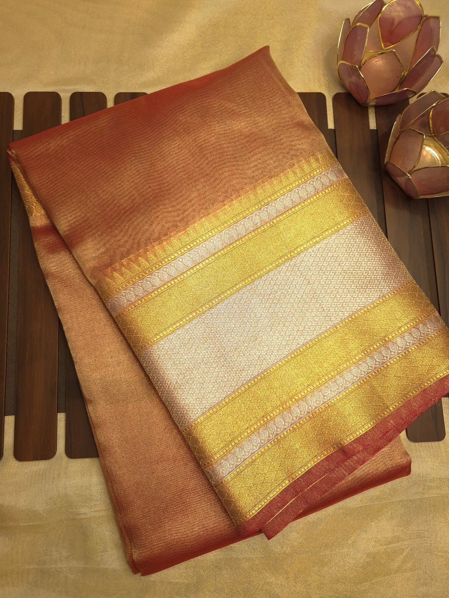 Banarasi Metallic Golden Red Saree with Broad Intricate Elegant Border