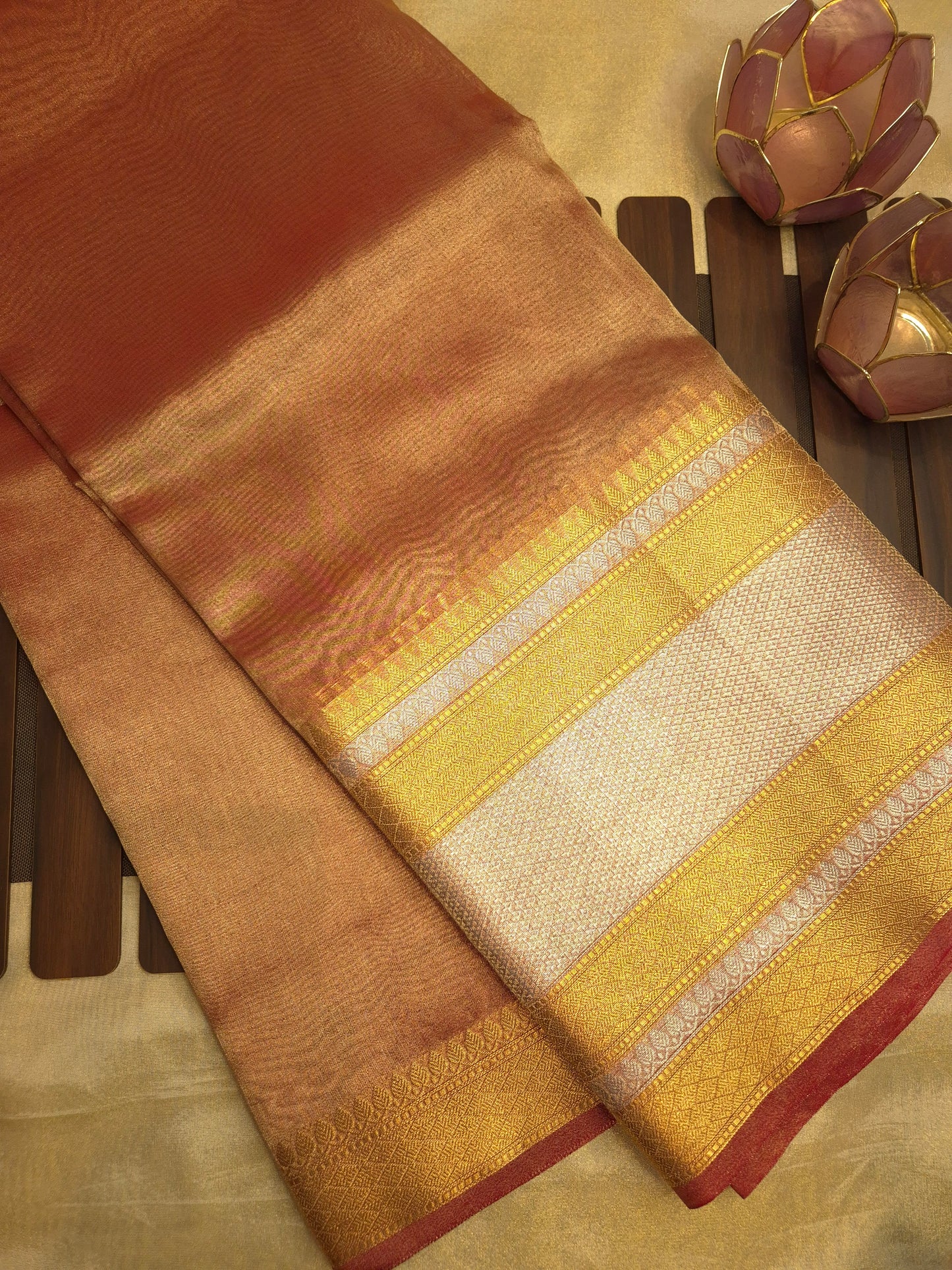 Banarasi Metallic Golden Red Saree with Broad Intricate Elegant Border