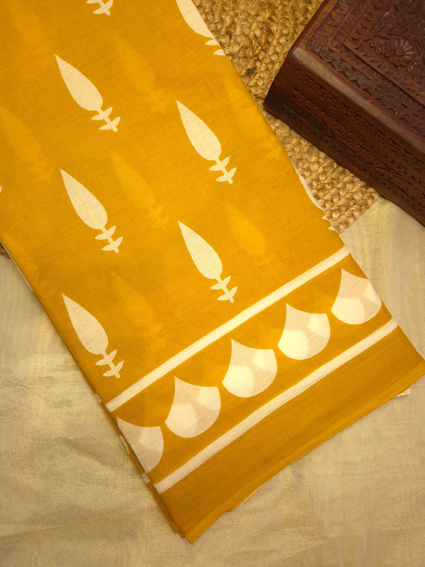 Mustard Yellow with White Printed Pure Cotton Saree