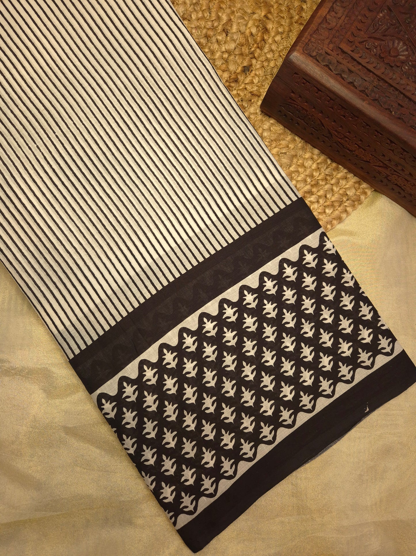 Black and White Striped Printed Pure Cotton Saree