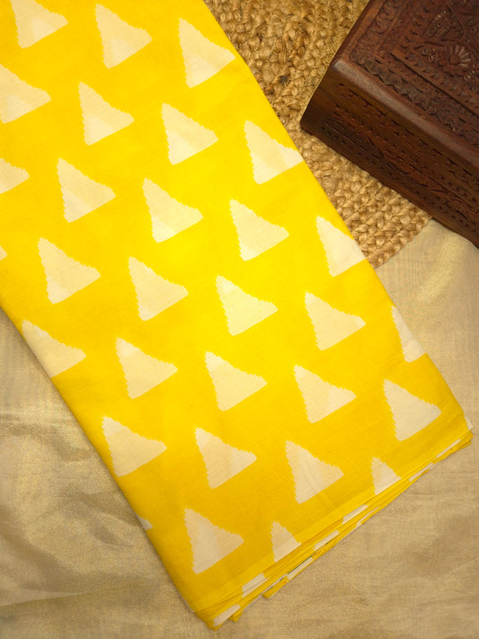 Yellow with White Triangles Printed Pure Cotton Saree