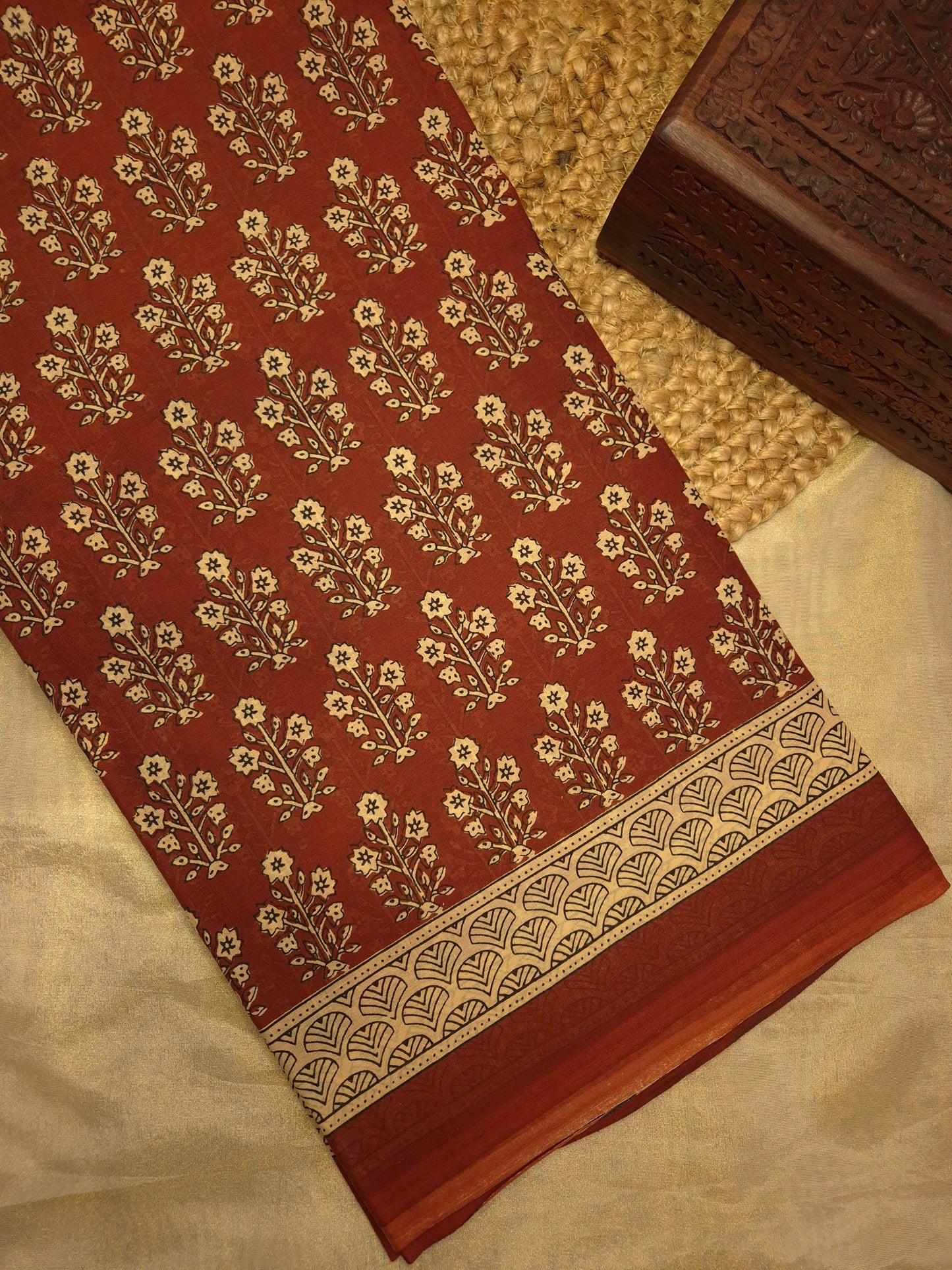 Rust Orange and Peachish Floral Motifs Printed Pure Cotton Saree