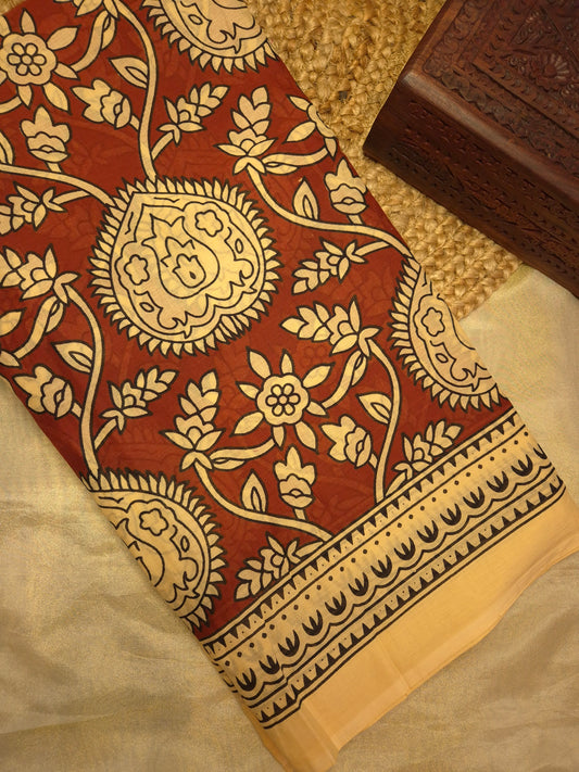 Rust Orange and Peachish Floral Motifs Printed Pure Cotton Saree