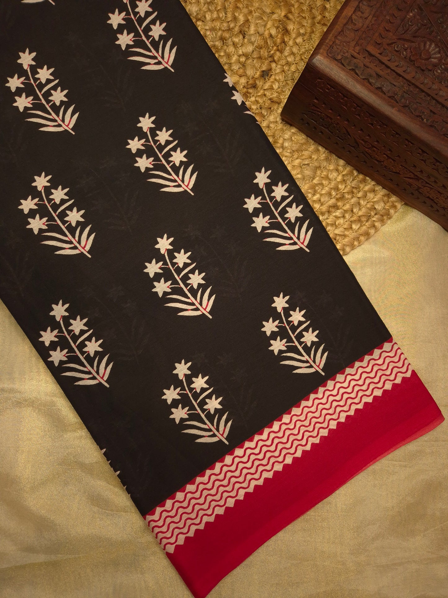 Black and Red Floral Motifs Printed Pure Cotton Saree