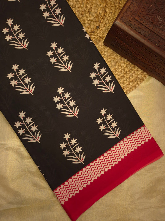Black and Red Floral Motifs Printed Pure Cotton Saree