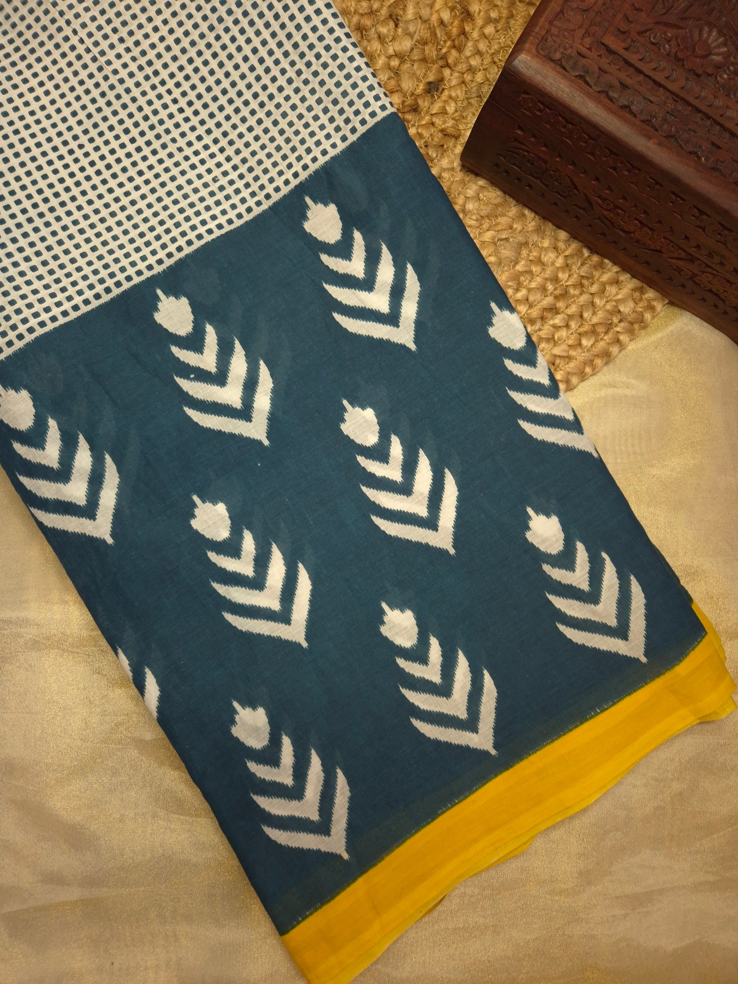 Dark Blue and White Printed Pure Cotton Saree with contrast Yellow blouse