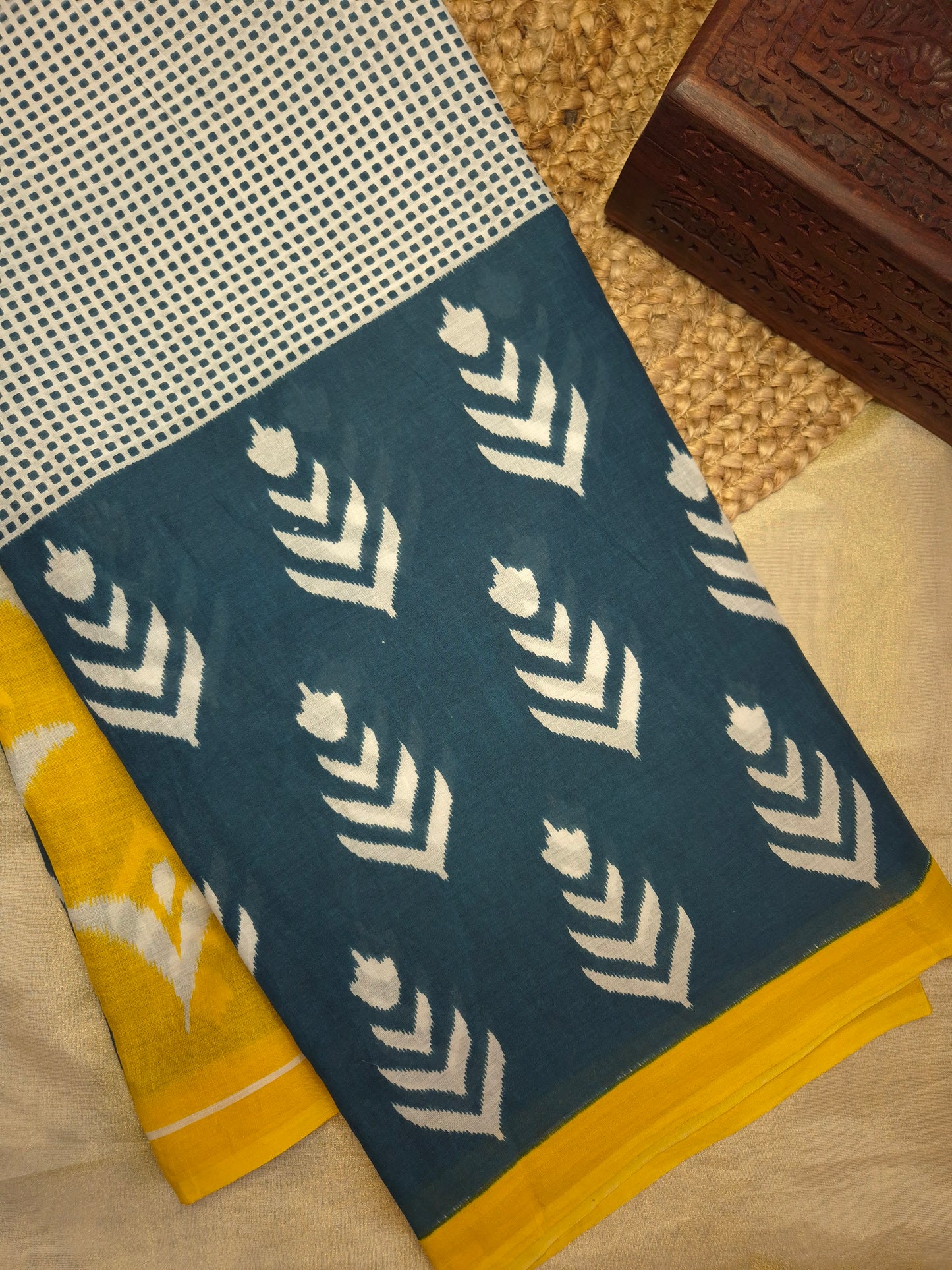 Dark Blue and White Printed Pure Cotton Saree with contrast Yellow blouse