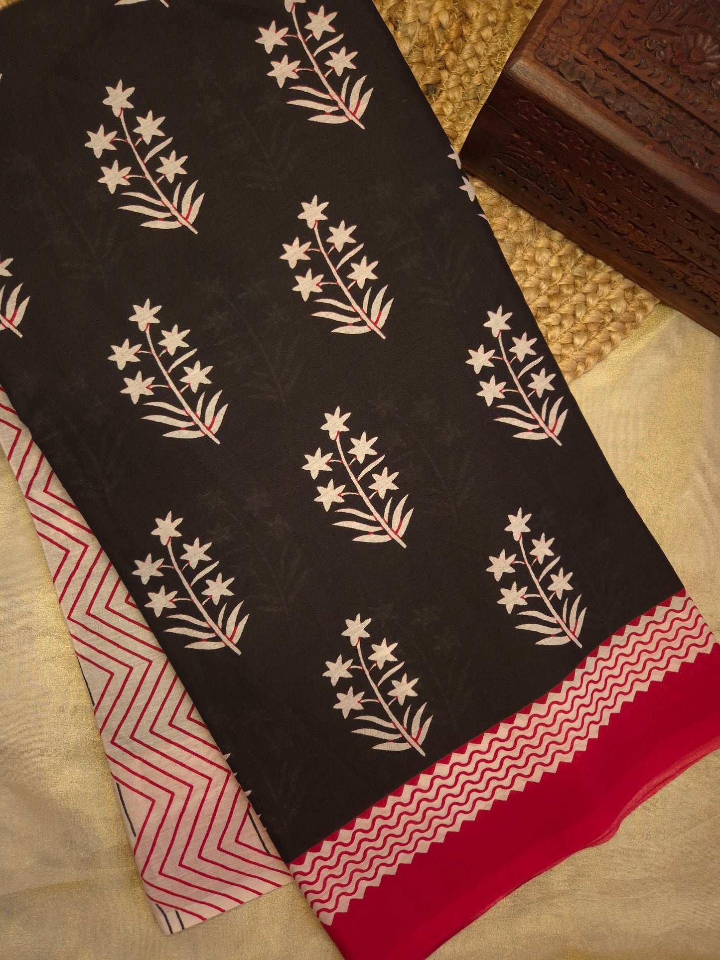 Black and Red Floral Motifs Printed Pure Cotton Saree