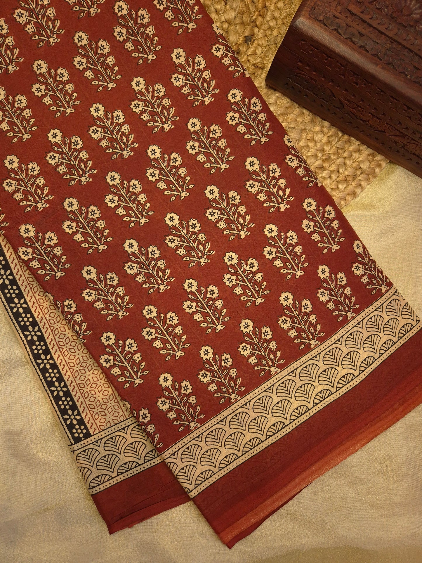 Rust Orange and Peachish Floral Motifs Printed Pure Cotton Saree