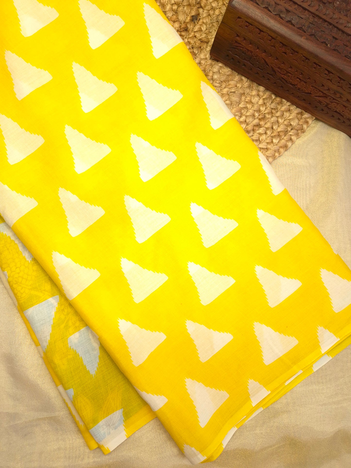 Yellow with White Triangles Printed Pure Cotton Saree