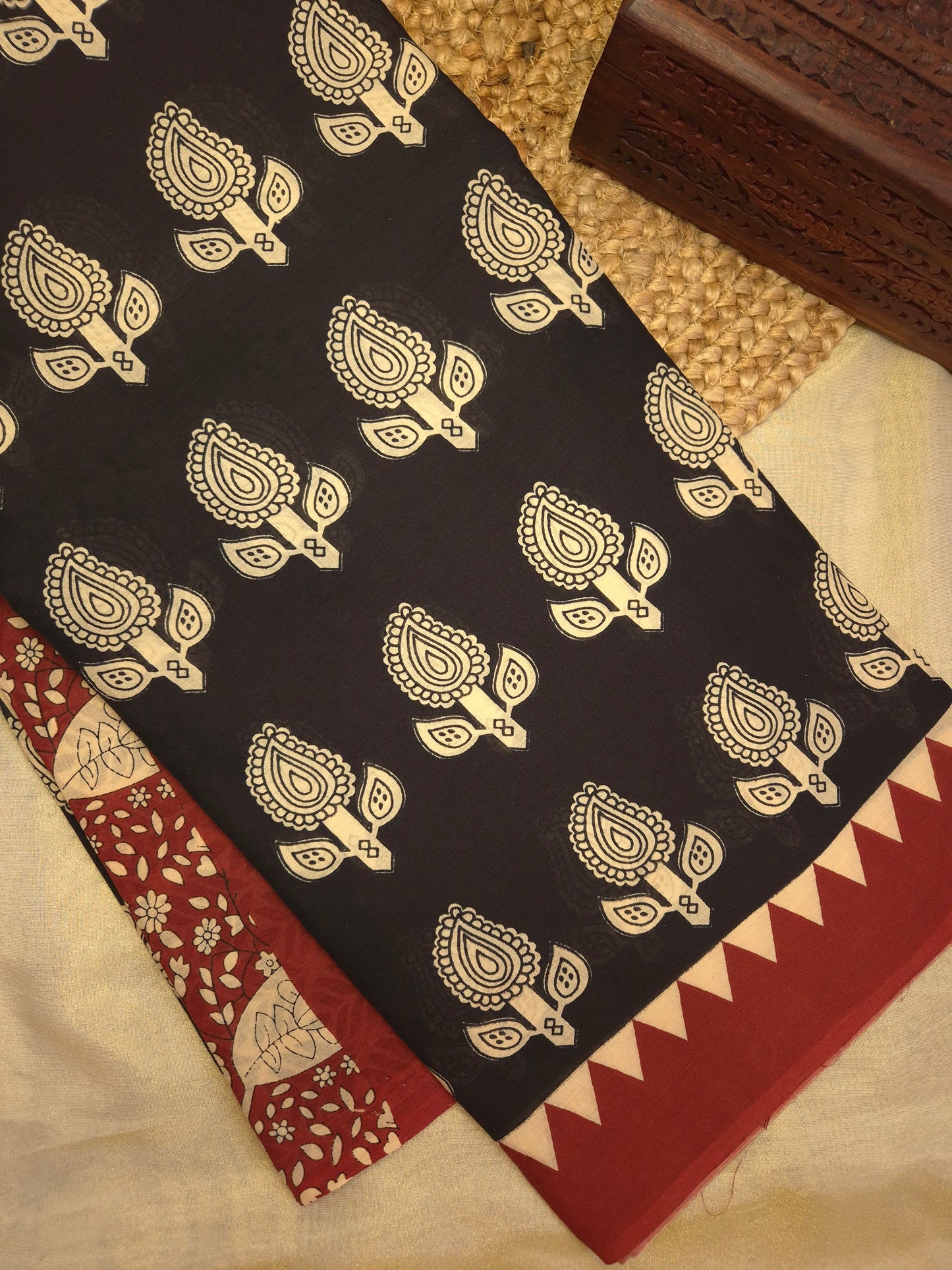 Black and Red Floral Motifs Printed Pure Cotton Saree