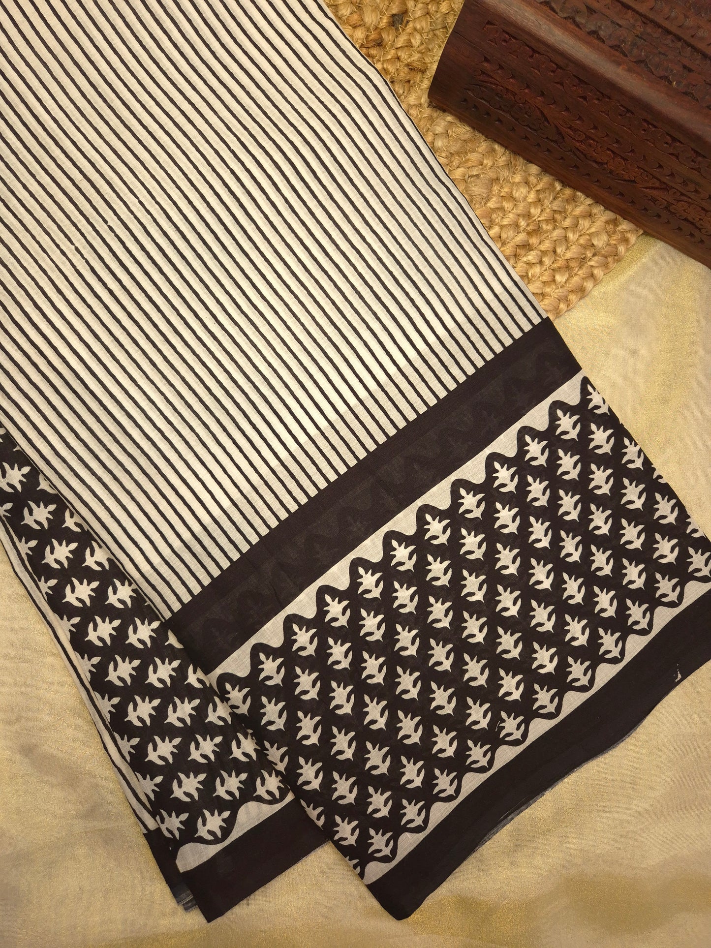 Black and White Striped Printed Pure Cotton Saree