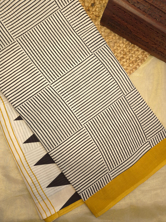 Black and White Stiped Printed Pure Cotton Saree