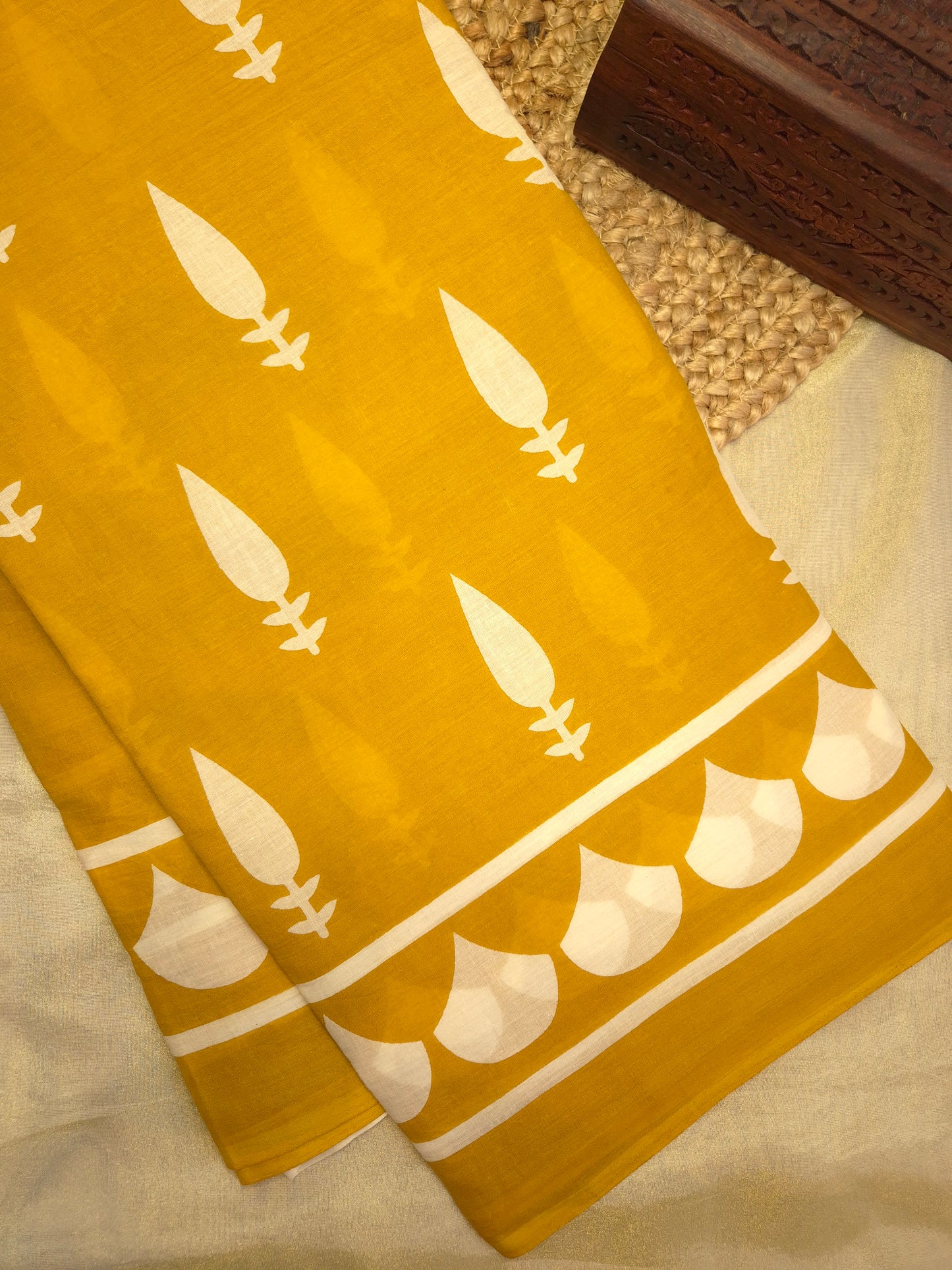 Mustard Yellow with White Printed Pure Cotton Saree