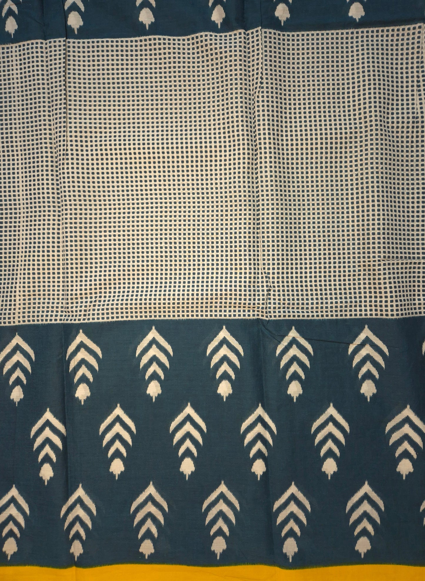 Dark Blue and White Printed Pure Cotton Saree with contrast Yellow blouse
