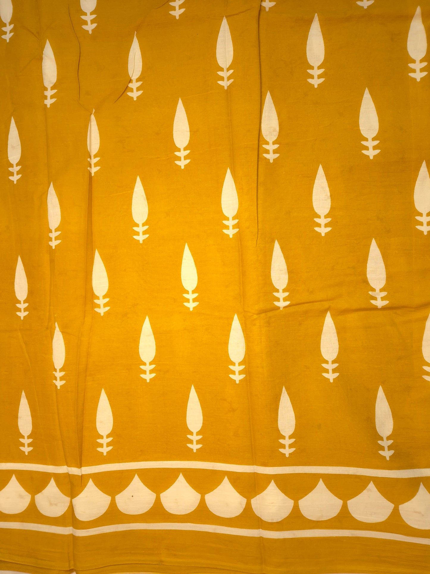 Mustard Yellow with White Printed Pure Cotton Saree