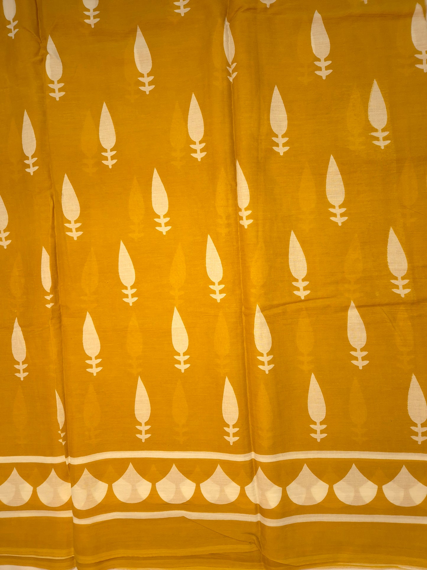 Mustard Yellow with White Printed Pure Cotton Saree
