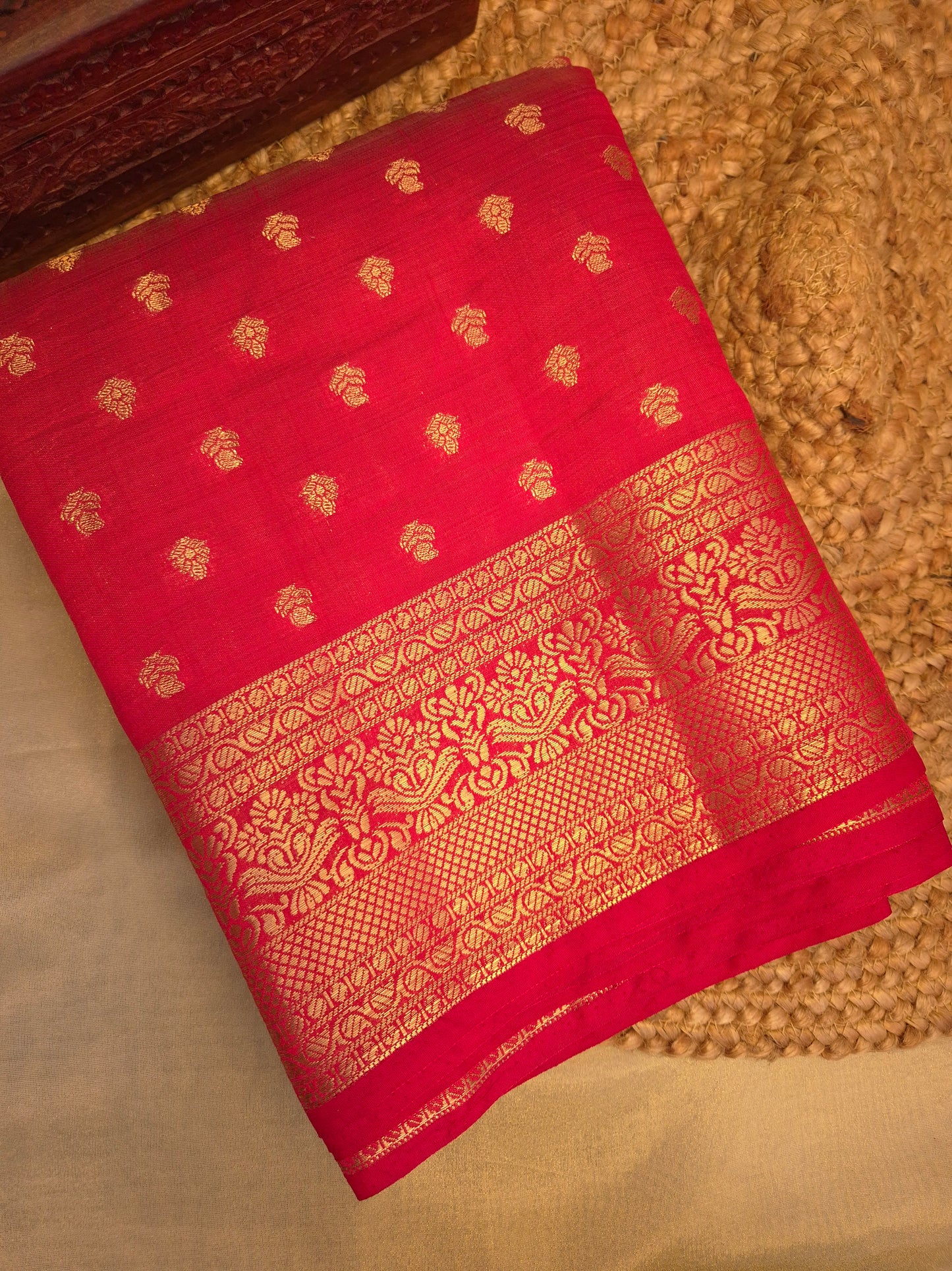 Red Raw Silk Saree with allover Golden Buttas and Zari