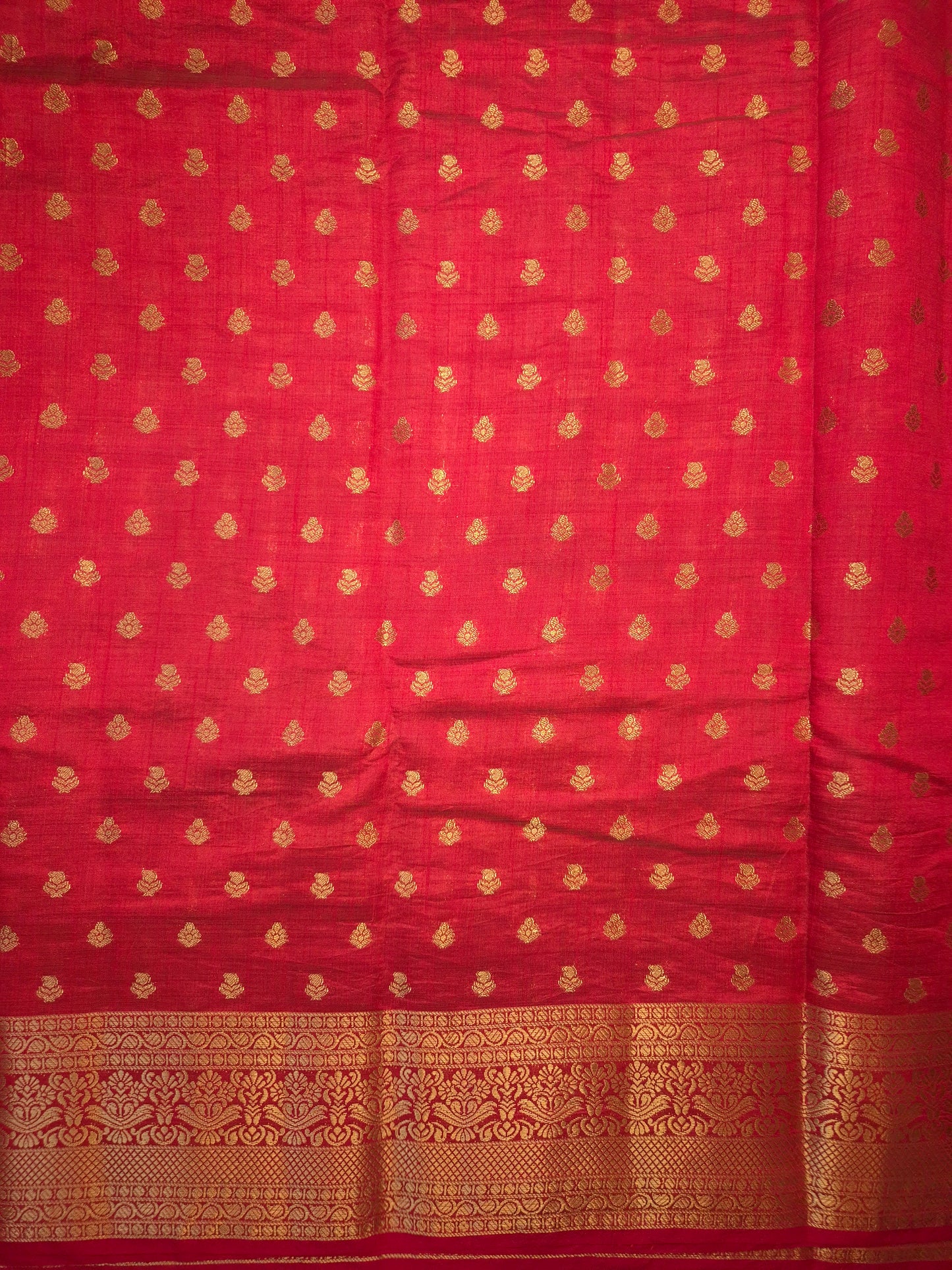 Red Raw Silk Saree with allover Golden Buttas and Zari