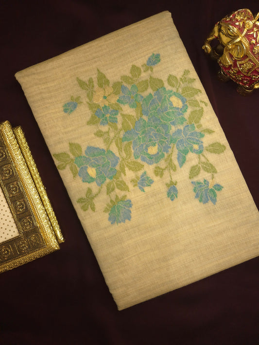 Beige Khadi Saree with Blue Floral Embroidery