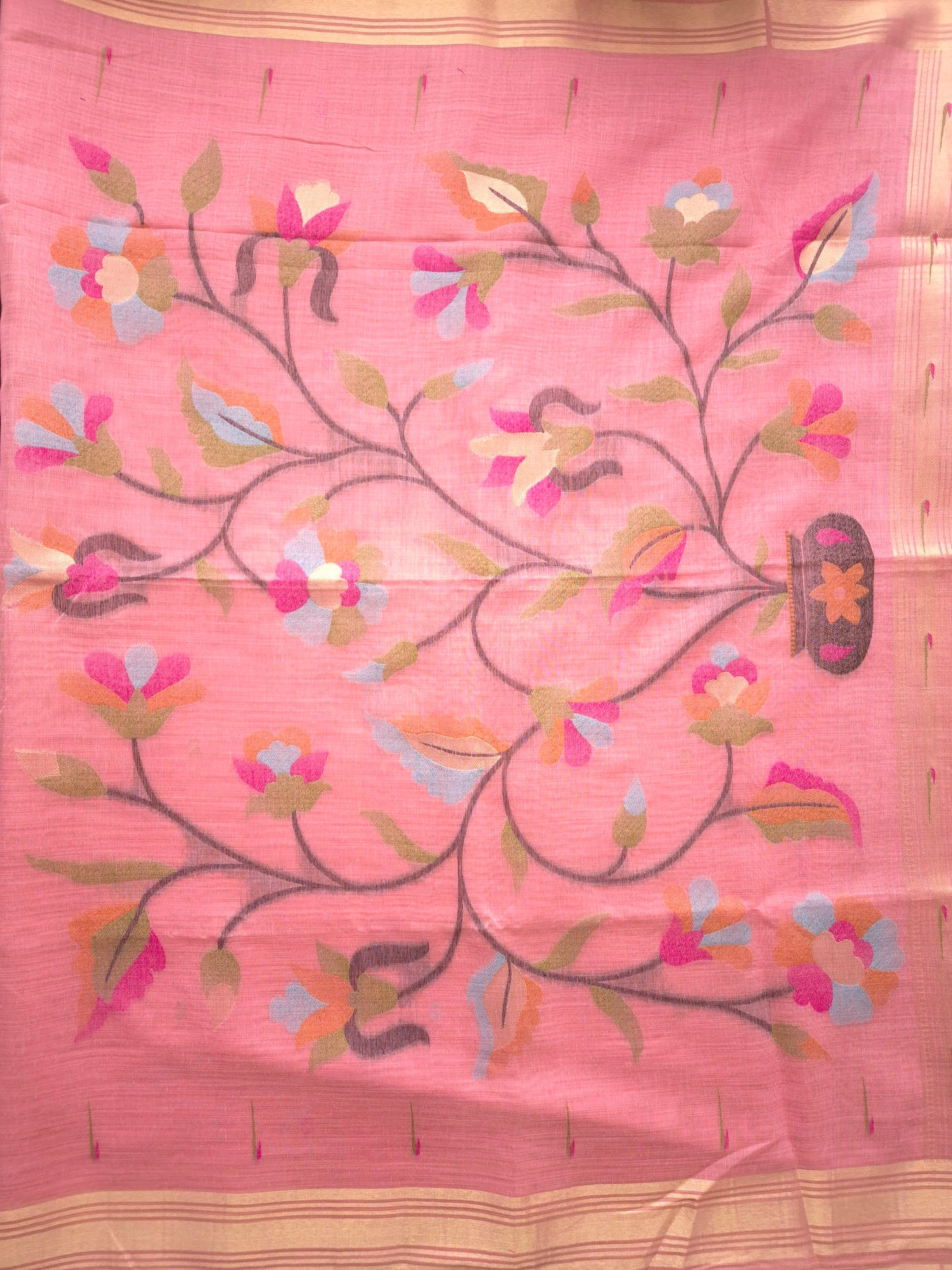 Light Pink Jamdani Saree with Colourful Buttas with Golden Zari and Colorful Floral Motifs on Pallu